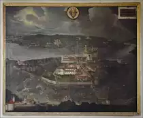 <U>Surreales Mittelalter</U> auf der Reichenau im s�dlichen Seitenschiff des M�nsters St. Maria und Markus. Ohne zus�tzliche Beleuchtung ist es fast ein Ding der Unm�glichkeit, dieses Bild festzuhalten. Es zeigt den Einzug von Pirmin auf die Insel Reichenau, w�hrend alles Ungetier schon vor dem Heiligen fl�chtet (seltsam, dass alle sakralen Bauten schon fertig sind...). Konstanz im Osten ist schon durch die Sonne beleuchtet, w�hrend im Westen Richtung Stein am Rhein noch finsterste Nacht ist. April 2013.