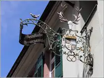 Speyer. Wirtshausschild der Weinstube Schwarzamsel in der Korngasse. 14.06.2013