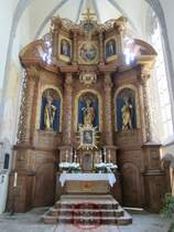 St. Wolfgang, barocker Hochalter von Balthasar Threyer von 1692 in der St. Wolfgang Kirche, Holzplastiken von 1490 (18.04.2014)