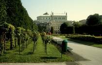 Wien im Juli 1992: Volksgarten und (im Hintergrund)  die Burg , das Wiener Burgtheater.