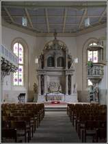 Bad Schandau. Der Inneraum der St. Johanniskirche am 13.08.2014. Whrend des Elbe-Hochwassers 2002 stand er unvorstellbare 3,46 m unter Wasser. 
13.08.2014