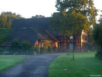 Hof Schulte-Pelkum an der B224/A2 in Gladbeck nach nebeligem Auftakt kommen im ersten Sonnenschein (Ruhrgebiet, NRW, August 2014)