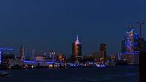 BLUE PORT HAMBURG 30.07.2014.Alles wird in
einem magisches, blaues Licht getaucht. berseebrcke und Elbphilharmonie. 
