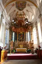 Ebersm�nster, Hochaltar der Stiftskirche St. Mauritius, erbaut von Jean Leonard Meyer, Fresken von Josef Mages (04.10.2014)