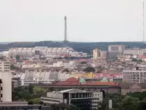 Das ICC (Internationales Congress Centrum Berlin)und der  Funkturm gesehen vom Panoramapunkt auf dem Berliner Potsdamer Platz am 03. Juni 2015.