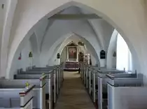 Sor�, Innenraum der Kirche von Kindertofte, Kanzel von 1741, Altarbild von Lucie Ingemann von 1853 (20.06.2015)