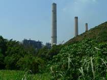 Die drei Trme des Kohlekraftwerkes auf Lamma Island, das (gemeinsam mit weiteren Kraftwerken) Hong Kong mit Strom versorgt, stellen einen Kontrast zur grnen Insel dar. Seit 2005 kann hier auch mit Gas Strom erzeugt werden (daher kein sichtbar austretender Rauch). 09/2007
