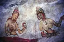 Fresken von barbusigen Frauen (Wolkenm�dchen) im Sigiriya-Monolith in Sri Lanka. Aufnahme: Januar 1989 (Bild vom Dia).