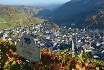 Dernau/Ahrtal mit Winzerschild am Weinberg und Blick auf den Ort - 27.10.2015