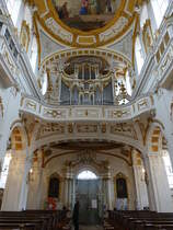 Oberelchingen, Orgelempore in der Klosterkirche St. Peter und Paul, Orgel erbaut 1910 durch die Orgelbaufirma G. F. Steinmeyer & Co., Orgelpropekt von 1785 (13.03.2016)