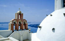 Blick vom Three Bella of Thira auf Santorin. Bild vom Dia. Aufnahme: Juni 1992.