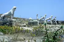 L�sestatuen in der antikken Stadt von Delos. Delos war in der Antike eine bl�hende und durch das dortige Apollonheiligtum f�r die Griechen eine heilige St�tte.Die Insel wurde 1990 von der UNESCO zum Weltkulturerbe erkl�rt. Bild vom Dia. Aufnahme: Juni 1992.