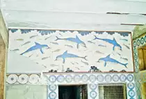 Rekonstruierte Wandmalerei in Knossos auf Kreta. Bild vom Dia. Aufnahme: April 1999.