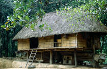 Haus von Bambus in Sara. Bild vom Dia. Aufnahme: Januar 2001.