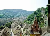 Blick auf Sighișoara in Transsylvanien. Foto vom Dia. Aufnahme: Juli 1990.