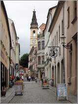 Zittau. Blick durch die Bautzner Strae zum Turm des Johanneum (heute Christian-Weise-Gymnasium). 21.06.2016
