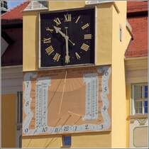 Bautzen. Whrend die Uhr am 22.06.2016 die Mitteleuropische Sommerzeit anzeigt kann man an der Sonnenuhr die Mitteleuropische Zeit ablesen. Welche Uhr die Zeit exakter anzeigt, habe ich nicht berprft.