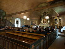 Hllefors, Innenraum der Ev. Kirche, Kanzel 17. Jahrhundert, Dachmalereien von 1660 (17.06.2016)