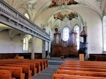 Trogen, reformierte Kirche (Baujahr 1779-1782, restauriert 1878 und 1989). Innenansicht mit Uhr im Chorraum - 18.07.2014