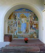 Neunkirch, Wandbild an der Muttergotteskirche zeigt die Geschichte der Wallfahrt seit Beginn 1290, Sept.2016