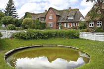 Oland Dorf - Die Hallig Oland ist 2,9 Kilometer lang und 500 bis 980 Meter breit. Die Flche betrgt 2,01 km. Rund 20 Einwohner wohnen in 17 Husern auf einer einzigen Warft, der Olandwarft. Aufnahme: 25. Juni 2017.