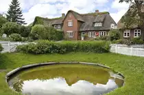 Oland Dorf - Die Hallig Oland ist 2,9 Kilometer lang und 500 bis 980 Meter breit. Die Fl�che betr�gt 2,01 km�. Rund 20 Einwohner wohnen in 17 H�usern auf einer einzigen Warft, der Olandwarft. Aufnahme: 25. Juni 2017.