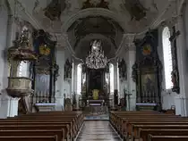 Prien, barocker Innenraum der Maria Himmelfahrt Kirche, Stuck und Deckengem�lde (Seeschlacht von Lepanto) von Johann Baptist Zimmermann (26.02.2017)