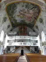 Siegsdorf, Orgelempore und Deckengem�lde in der Pfarrkirche Mariae Empf�ngnis (27.02.2017)