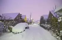 Winterfoto von Kleiner-Fuchs-Hof in der Gartenstadt-Weiche in Flensburg. Aufnahme: 1. M�rz 2018.