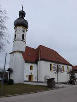 Rottau, Filialkirche St. Michael, Turm und Teil des Langhauses 17. Jahrhundert, Langhaus Neubau 1954 durch Georg Berlinger (26.02.2017)