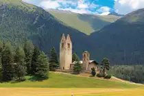 Ref. Kirche San Gian, Celerina GR. Bau von 1478, kl. Turm romanisch (Vorg�ngerkirche). Sp�tgotischer Turm 1682 besch�digt. Aufnahme vom 03. Juli 2018, 12:55