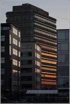 Malm. Das abendliche Sonnenlicht verfngt sich in den Scheiben eines Universittsgebudes. 27.07.2018