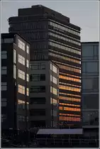 Malm�. Das abendliche Sonnenlicht verf�ngt sich in den Scheiben eines Universit�tsgeb�udes. 27.07.2018