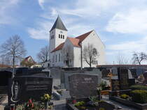 Eitlbrunn, Pfarrkirche St. Michael, Saalbau mit Chorturm und Eingangsvorbau, erbaut von 1958 bis 1959 von Karl Wirtensohn (25.03.2018)