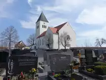 Eitlbrunn, Pfarrkirche St. Michael, Saalbau mit Chorturm und Eingangsvorbau, erbaut von 1958 bis 1959 von Karl Wirtensohn (25.03.2018)