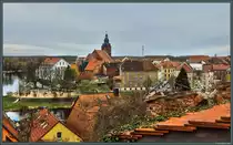 Blick vom Dom auf die Stadtinsel, das historische Zentrum von Havelberg mit der Stadtkirche St. Laurentius. (24.03.2019)