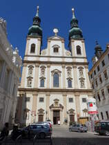 Wien, Jesuitenkirche St. Ignatius am Dr. Ignaz Seipel Platz, erbaut von 1623 bis 1631, Fassade von Andrea Pozzo (20.04.2019)