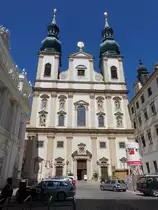 Wien, Jesuitenkirche St. Ignatius am Dr. Ignaz Seipel Platz, erbaut von 1623 bis 1631, Fassade von Andrea Pozzo (20.04.2019)
