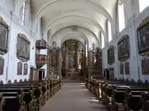Gem�nden am Main, barocker Innenraum der Klosterkirche Sch�nau, Hochaltar von Kilian Stauffer, Seitenalt�re mit Altarbildern von Oswald Onghers, Kanzel aus rotem Stuckmarmor, Kreuzweg von Georg Sebastian Urlaub (26.05.2018)