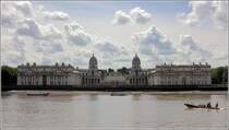 London. Die von Christopher Wren geplante symmetrische Anlage des Old Royal Naval College lsst dem Queen's House in der Bildmitte die Sicht zur Themse. Das Maritime Greenwich gehrt zum UNESCO-Weltkulturerbe. 09.06.2019