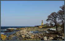 Der Kampelkken Havn dient als Sportboothafen von Allinge. Im Hintergrund eine der markanten Fischruchereien. (23.04.2019)