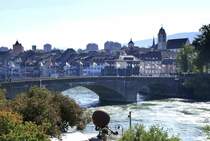 Rheinfelden AG, Blick von der deutschen Seite auf die Brcke ber den Rhein und die Altstadt von Rheinfelden im Aargau, Sept.2019
