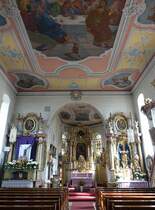 Zeyern, barocker Innenraum der St. Leonhard Kirche, Hochaltar von 1744 (16.04.2019)