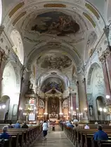 Kecskemet, barocker Innenraum der Gro�en Kirche/ Nagytemplon, erbaut bis 1774 durch Gaspar Oswald, Hochaltarbild und Deckenfresken von Ferenc Falconer und Ignac Roskovics (25.08.2019)