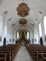 Furth im Wald, sptbarocker Innenraum der Maria Himmelfahrt Kirche, Chorgesthl von 1727, Fresken von Andreas Merz (03.06.2017)