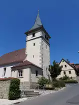 Br�nn, kath. Filialkirche St. Sebastian, Chorturmkirche, erbaut Ende des 14. Jahrhundert, Langhaus neu erbaut 1957 (07.07.2018)