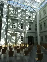 Bielsko-Biala, Innenhof im Schlo� der F�rsten Sulkowski, erbaut im 17. Jahrhundert, heute Bezirksmuseum (05.09.2020)