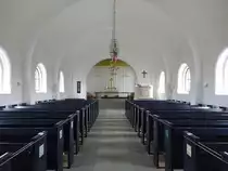 Hirtshals, Innenraum der evangelischen Dorfkirche, an den Kirchenb�nken kleine Gem�lde von Frits Gothardt Rasmussen  (23.09.2020)