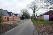 Wilmkjerweg nrdlich vom Handewitter Ortsteil Ellund bei Flensburg. Die Staatsgrenze zwischen Dnemark und Deutschland luft an der nrdlichen Seite der Strae (links im Bild). Der Hof (links) liegt in Dnemark, die Scheune des Hofes (rechts) liegt in Deutschland.
Aufnahme: 4. Januar 2021.