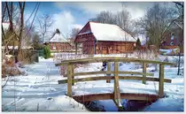 Im Bild das Heimathausgel�nde in Fintel (Kreis Rotenburg/W�mme), hinter der Br�cke ist die Remise zu sehen, lings dahinter das Heimathaus.
Februar 2021.